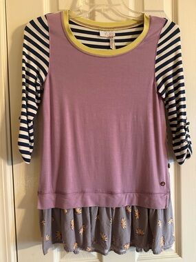 Girl’s 435 by Matilda Jane Lavender Layered Top Navy Stripe Sleeves Size 12